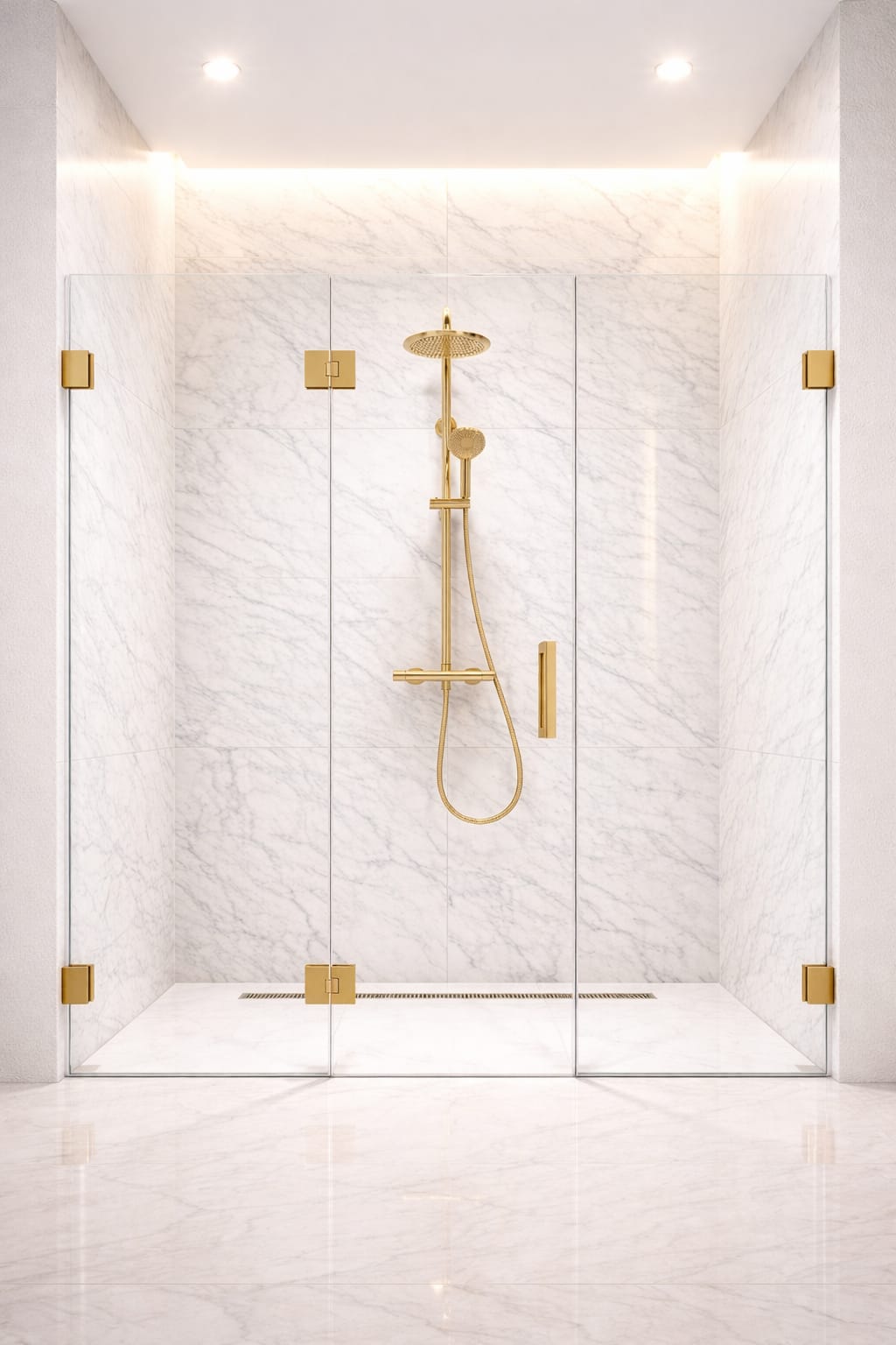 Frameless corner shower (3 panels) with black hardware