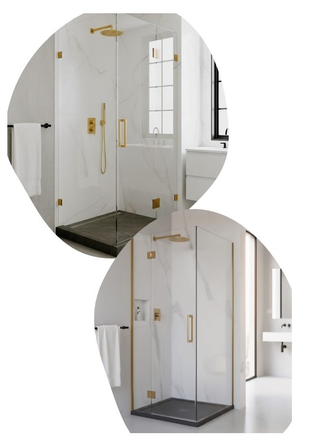 Frameless corner shower (3 panels) with black hardware