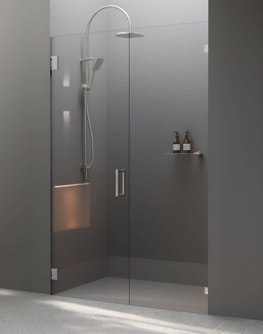 Frameless wall-to-wall shower with black hardware
