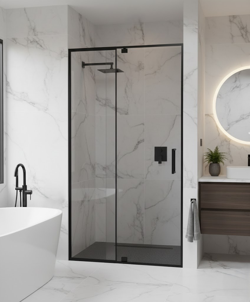 Semi-frameless wall-to-wall shower door in Matt Black hardware